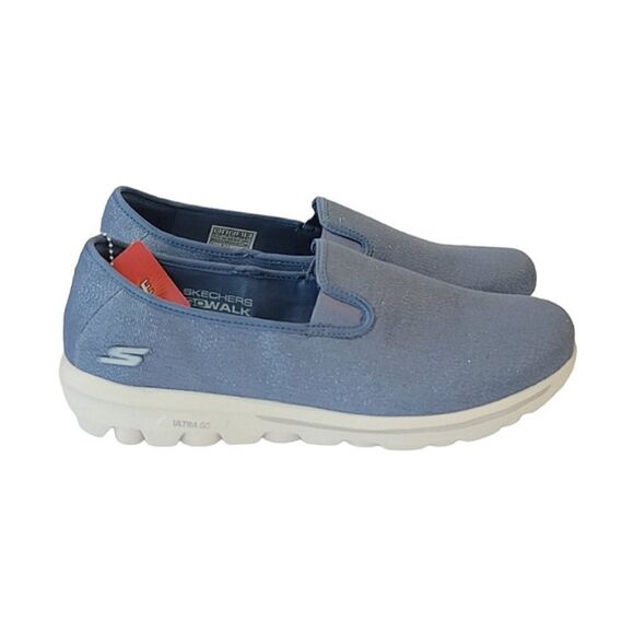 Sketchers GOwalk Adorn Blue Glitter Canvas Slip-on Shoe Size 11 Extra Wide - Picture 2 of 9